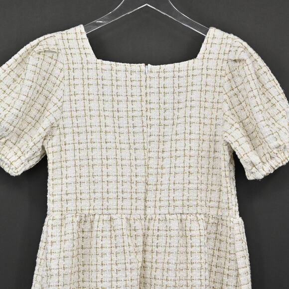 Simply Southern Tweed Puff Sleeve Dress Size M Square Neck Tiered Ivory Gold NEW - Picture 11 of 12